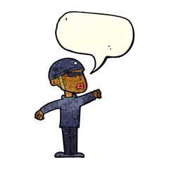 cartoon security guy with speech bubble