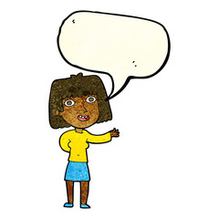 cartoon friendly woman waving with speech bubble