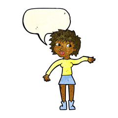 cartoon friendly woman waving with speech bubble