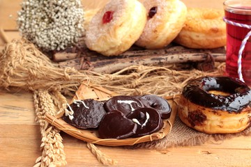 Chocolate donut and strawberry jam donut of delicious