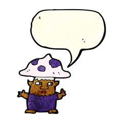 cartoon little mushroom man with speech bubble