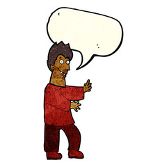 cartoon vampire waving hands with speech bubble