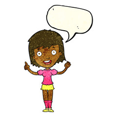 cartoon woman pointing with speech bubble