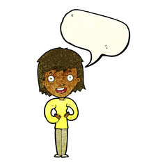 cartoon happy woman with speech bubble