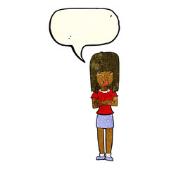 cartoon woman standing with speech bubble