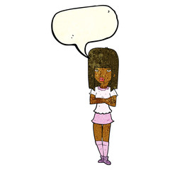 cartoon girl with crossed arms with speech bubble