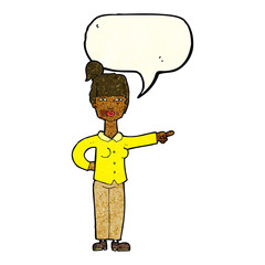 cartoon woman pointing with speech bubble