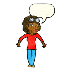 cartoon woman wearing goggles with speech bubble