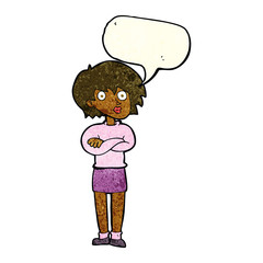 cartoon woman wit crossed arms with speech bubble