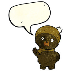 cartoon cute black bear in winter hat and scarf with speech bubb
