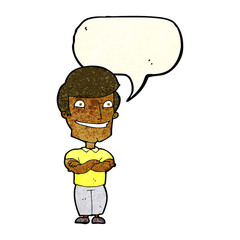 cartoon grinning man with speech bubble