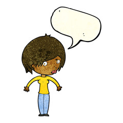 cartoon woman shrugging with speech bubble