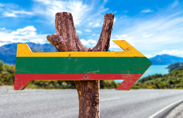 Lithuania Flag wooden sign with road background