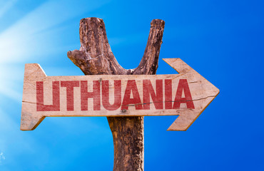 Lithuania wooden sign with sky background