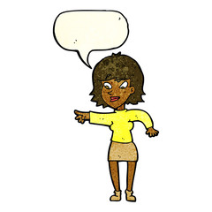 cartoon woman pointing with speech bubble