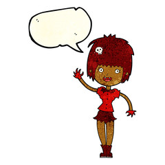 cartoon waving vampire girl with speech bubble