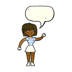 cartoon girl waving with speech bubble