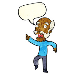 cartoon frightened old man with speech bubble