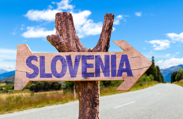Slovenia wooden sign with road background