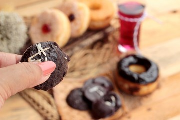 Chocolate donut and strawberry jam donut of delicious
