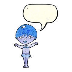 cartoon waving vampire girl with speech bubble