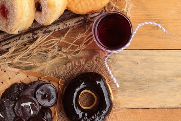 Chocolate donut and strawberry jam donut of delicious