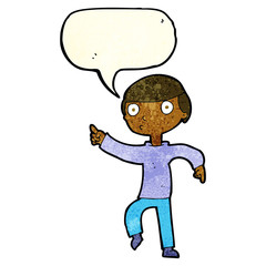 cartoon boy pointing with speech bubble