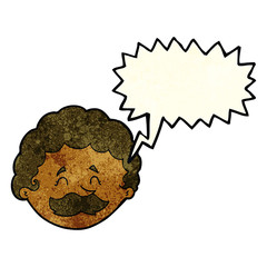 cartoon man with mustache with speech bubble