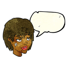 cartoon woman with plaster on face with speech bubble