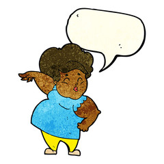 cartoon happy overweight lady with speech bubble