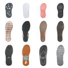 set of various shoe soles isolated on white