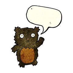 cartoon waving black bear cub with speech bubble