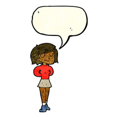 cartoon pleased woman with speech bubble