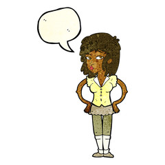 cartoon pretty woman with hands on hips with speech bubble