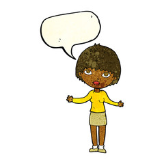 cartoon woman shrugging  with speech bubble