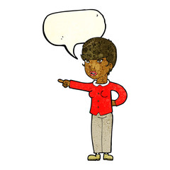 cartoon woman pointing finger of blame with speech bubble