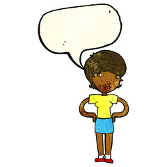 cartoon woman with hands on hips with speech bubble