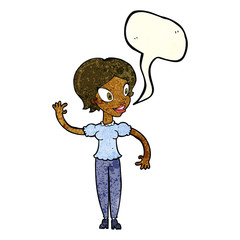 cartoon woman waving with speech bubble