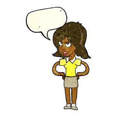 cartoon annoyed woman with hands on hips with speech bubble