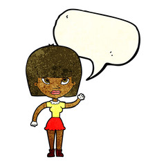 cartoon woman waving with speech bubble