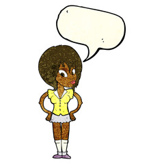 cartoon woman with hands on hips with speech bubble