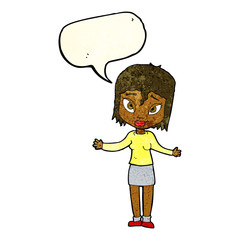 cartoon woman shrugging shoulders with speech bubble