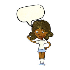 cartoon woman waving with speech bubble