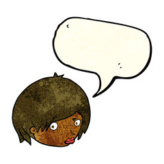cartoon female face with raised eyebrow with speech bubble