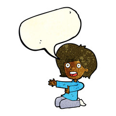 cartoon shocked woman on knees with speech bubble