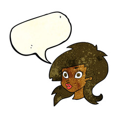 cartoon pretty surprised woman with speech bubble