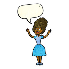 cartoon happy 1950's woman with speech bubble
