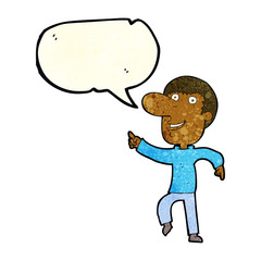 cartoon happy man dancing with speech bubble