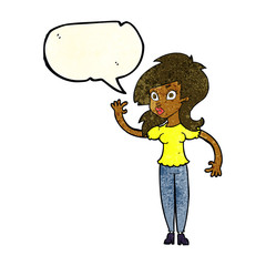 cartoon pretty woman waving with speech bubble
