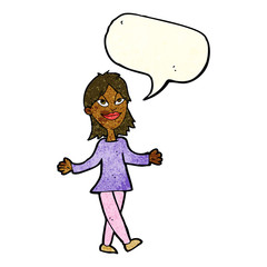 cartoon woman with no worries with speech bubble